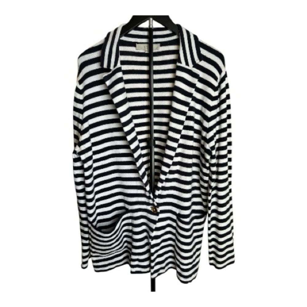 LOFT Navy and White Striped Knit Blazer